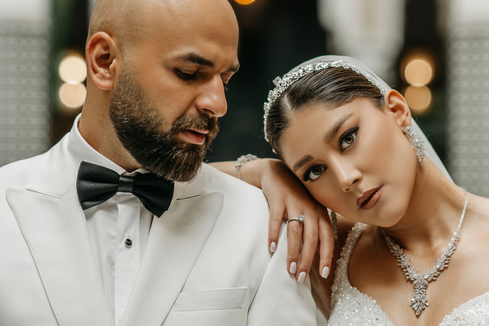 A bride and groom sharing a quiet moment on their wedding day
