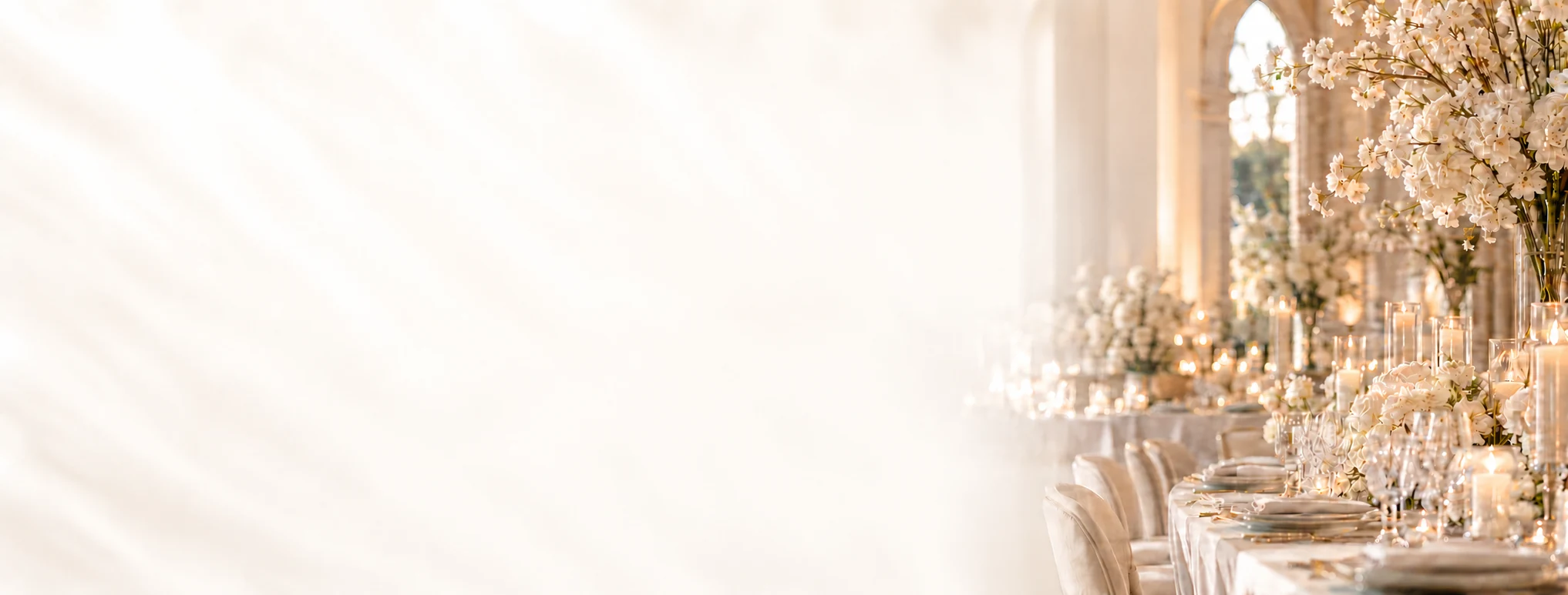 Elegant wedding reception with a cream table setting and white florals