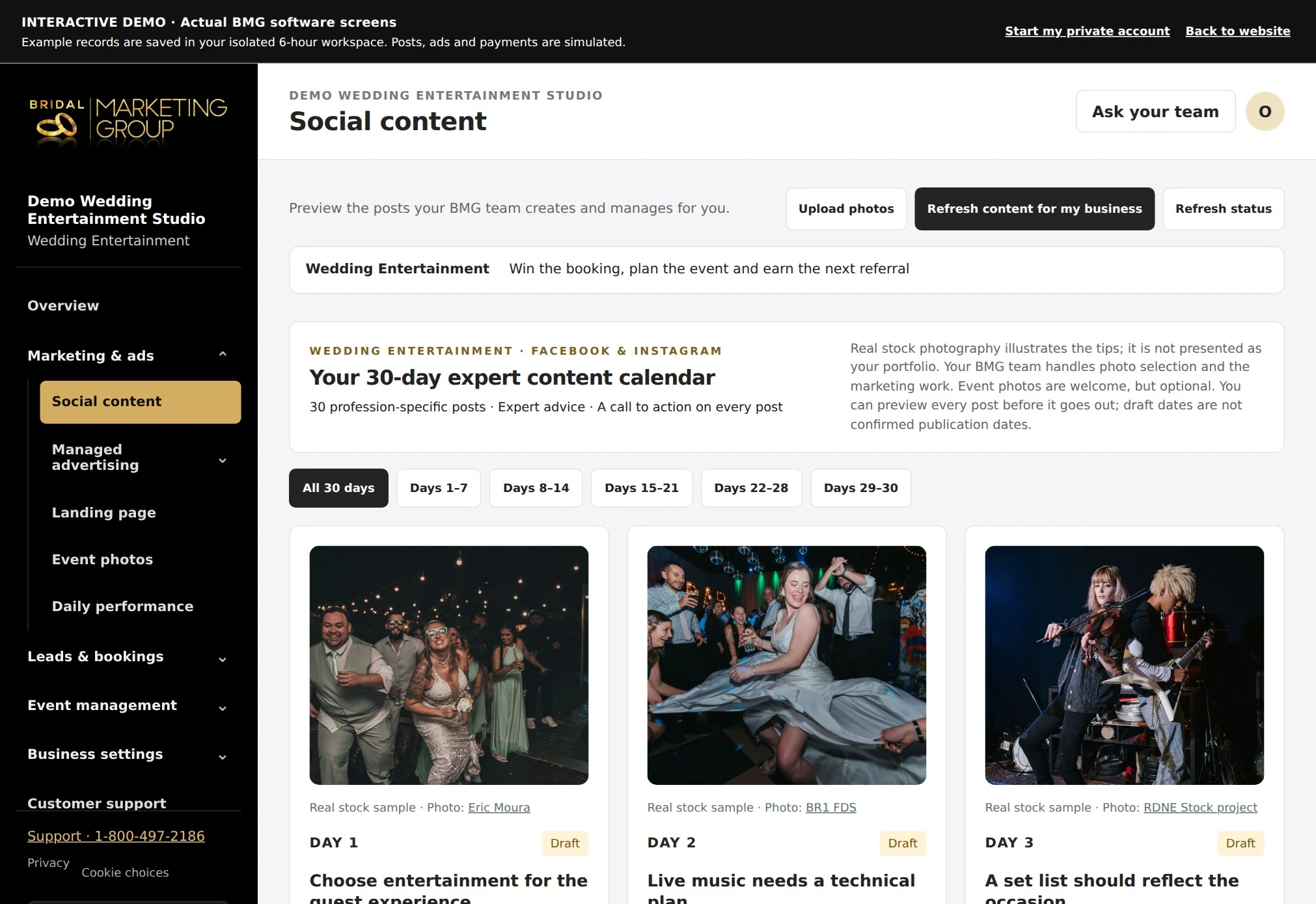 Wedding Entertainment actual content calendar