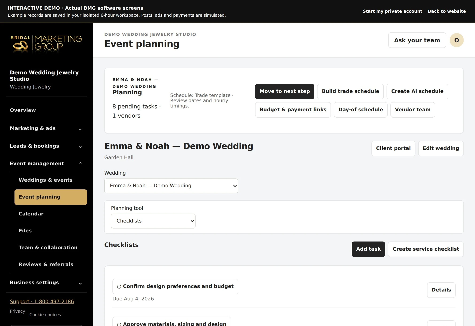 Wedding Jewelry actual event planning workspace