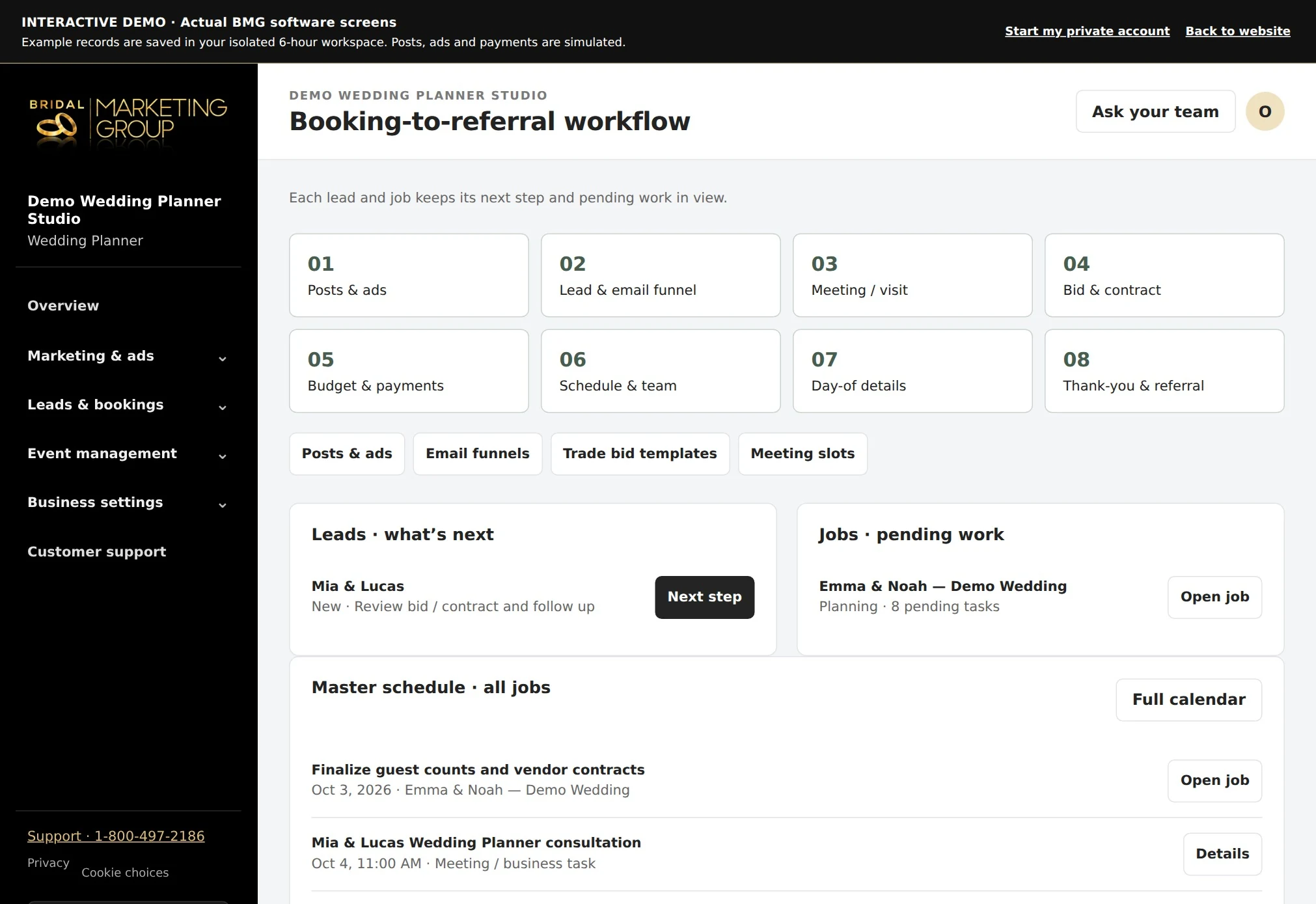 Actual WeWed.io follow-up workflow screen with example records