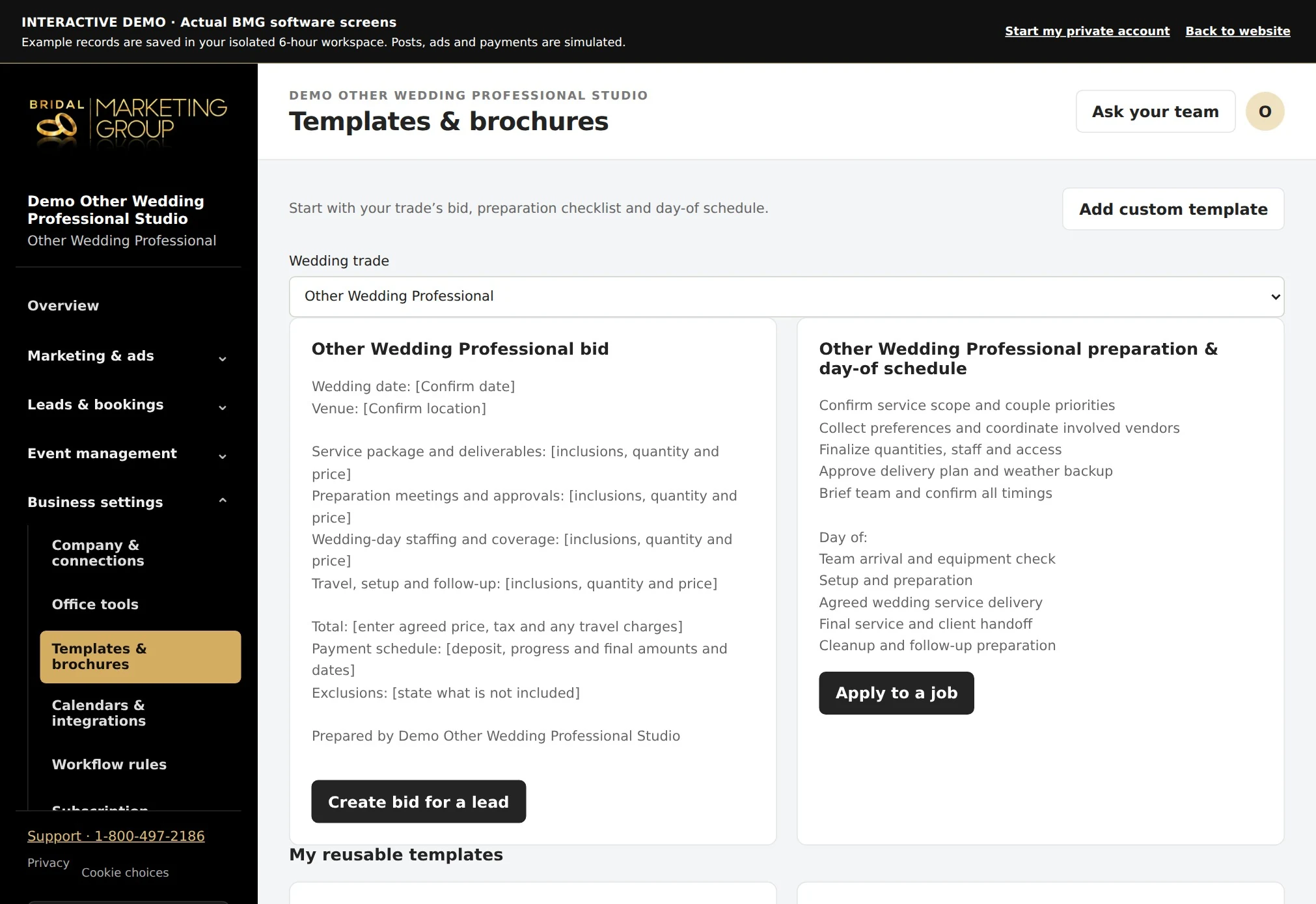 Other Wedding Professional actual bid and schedule templates