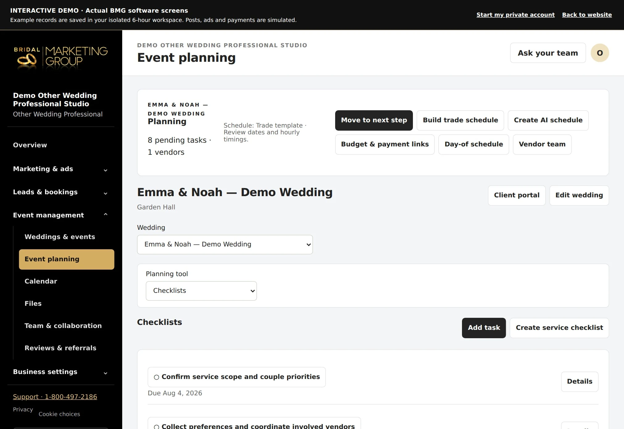 Actual WeWed.io event planning screen with checklists, schedules, payment links, and vendor tools