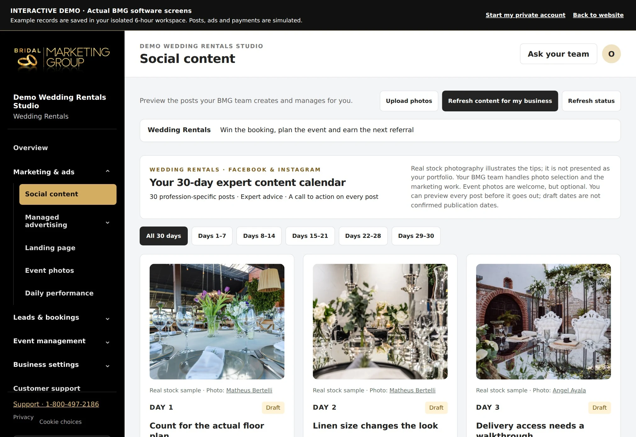 Wedding Rentals actual content calendar