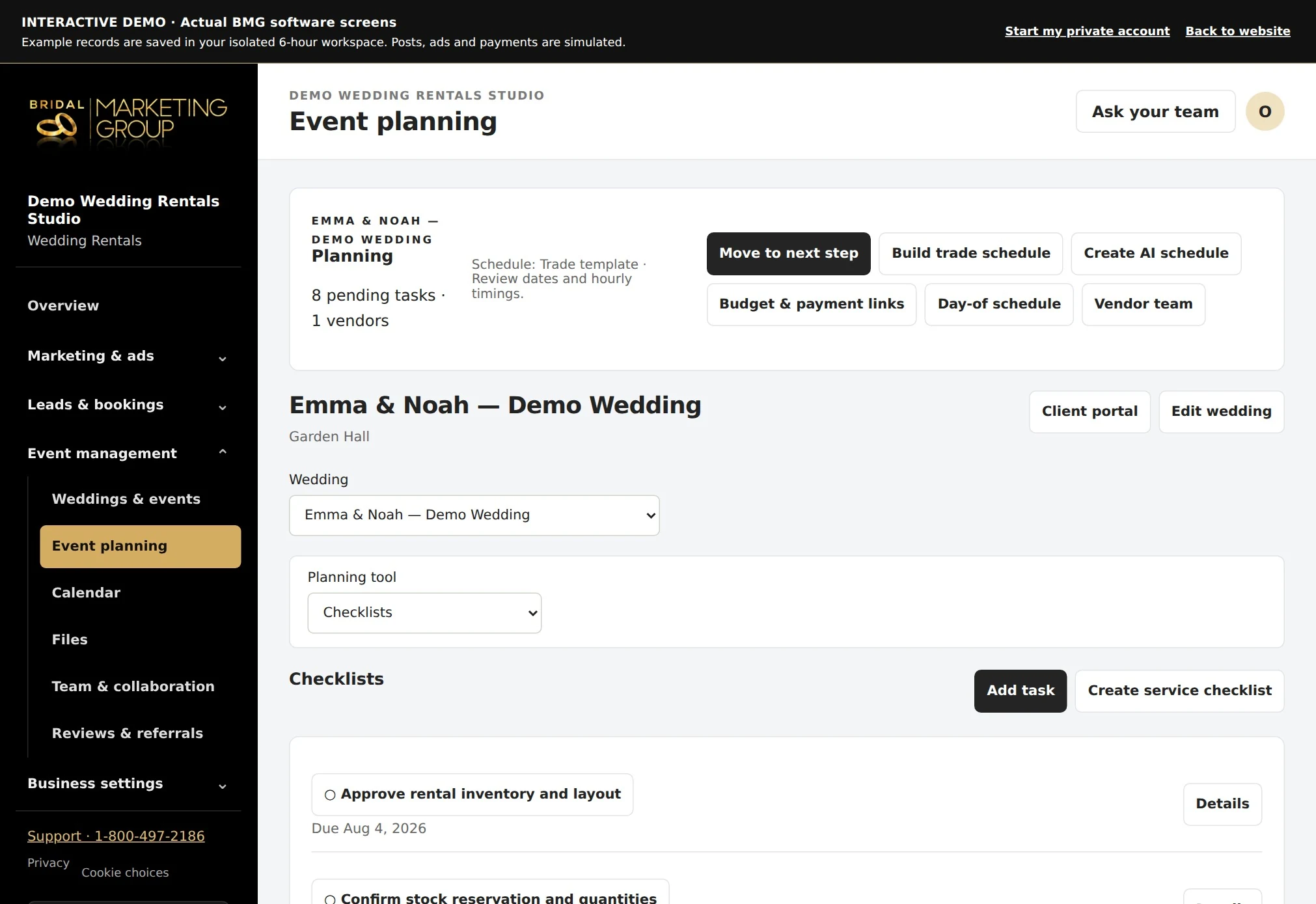 Wedding Rentals actual event planning workspace