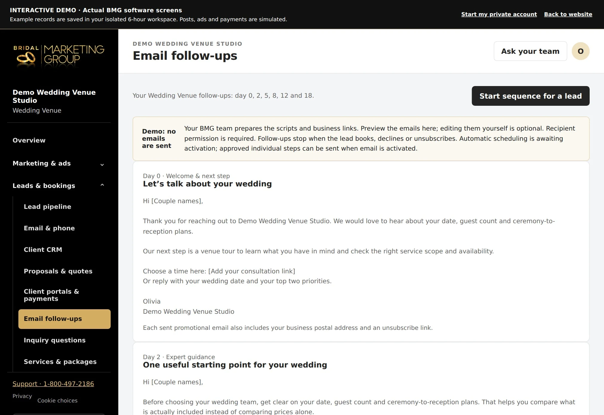 Actual WeWed.io email follow-up funnel