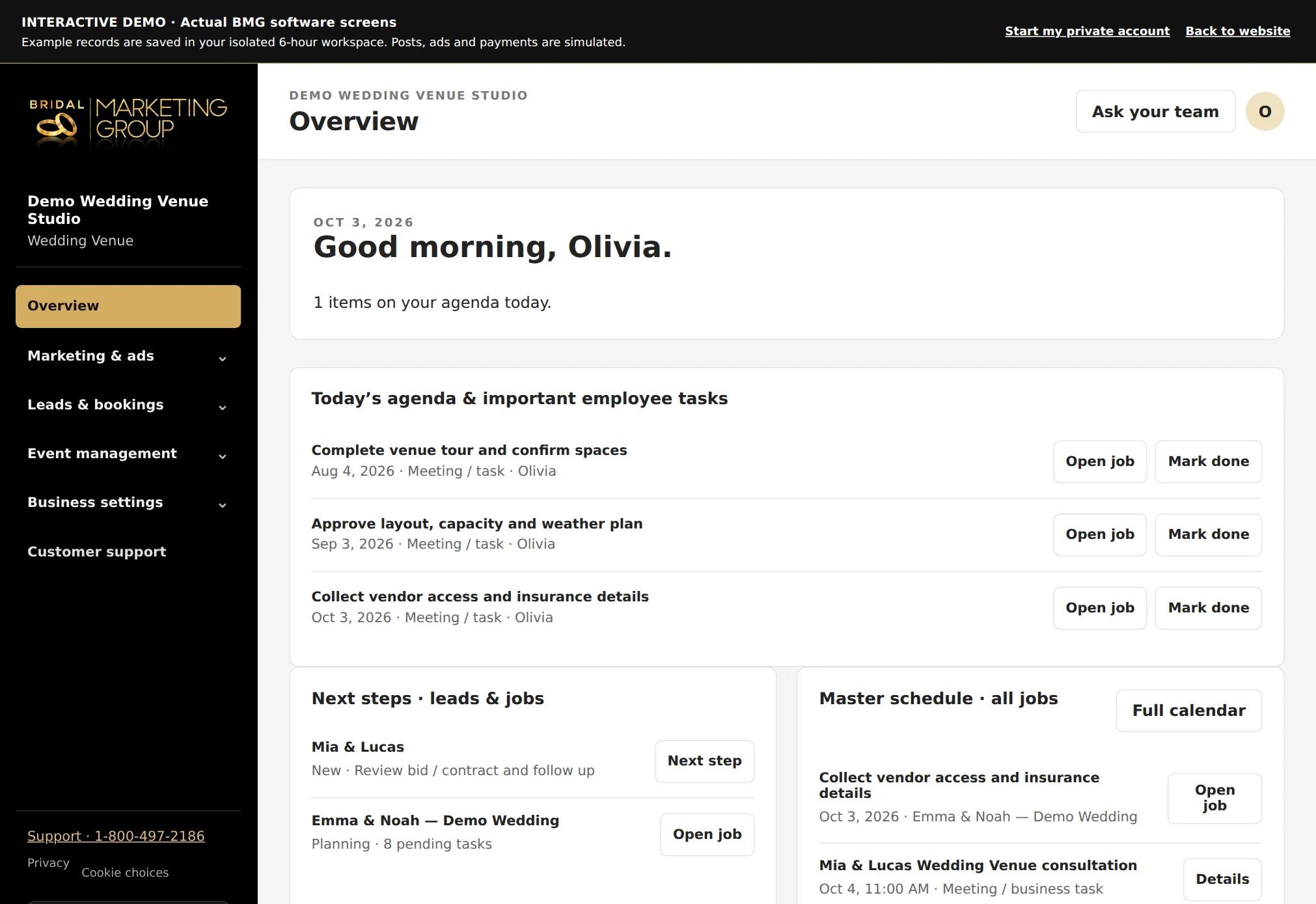 WeWed event venue overview with the day's agenda, client tasks and marketing activity
